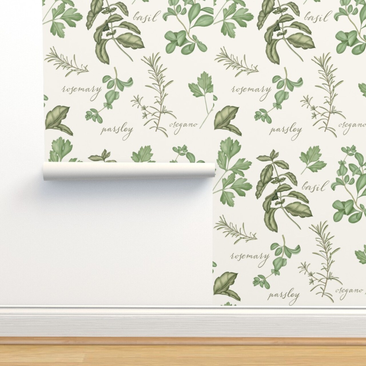Victorian Herbs Garden Illustration Botanical Leaves Cottagecore Custom Pre-pasted Wallpaper by Spoonflower Pre-Pasted Wallpaper 2FT Wide